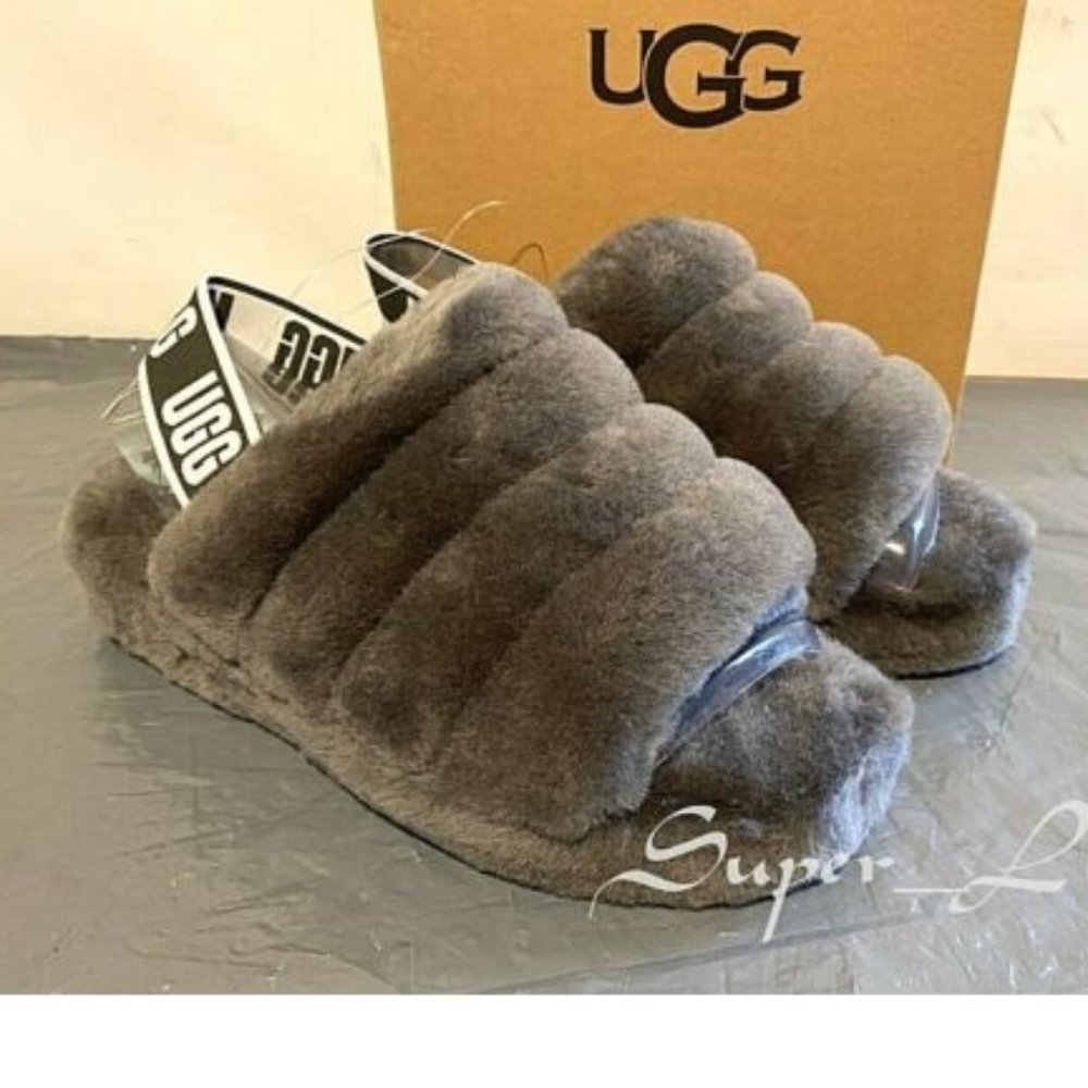 NEW UGG Women's Fluff Yeah Slide Sandals 1095119 Charcoal - Picture 5 of 7